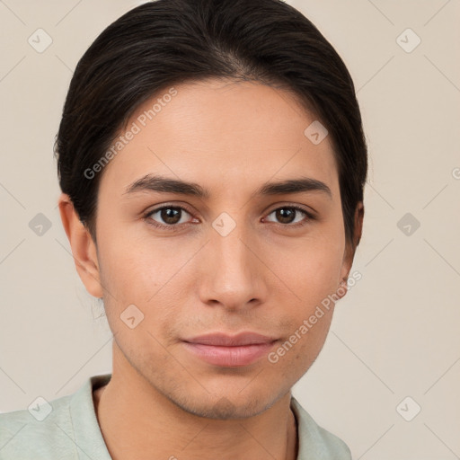 Neutral white young-adult male with short  brown hair and brown eyes