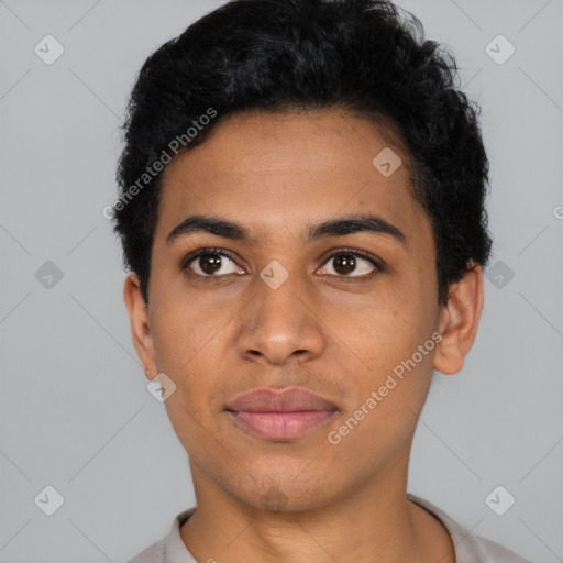 Neutral latino young-adult male with short  black hair and brown eyes