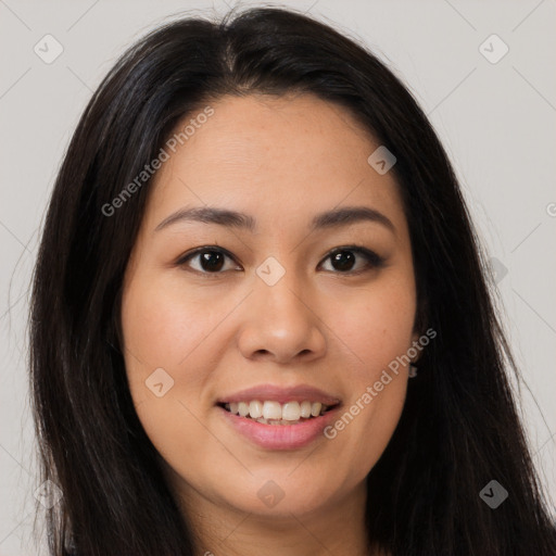 Joyful asian young-adult female with long  brown hair and brown eyes