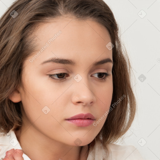 Neutral white young-adult female with medium  brown hair and brown eyes