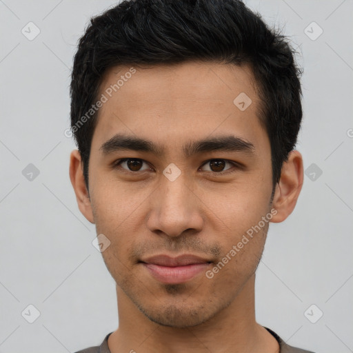 Neutral asian young-adult male with short  black hair and brown eyes