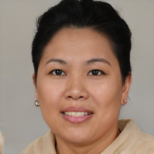 Joyful asian adult female with short  brown hair and brown eyes