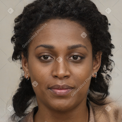 Neutral black young-adult female with medium  brown hair and brown eyes