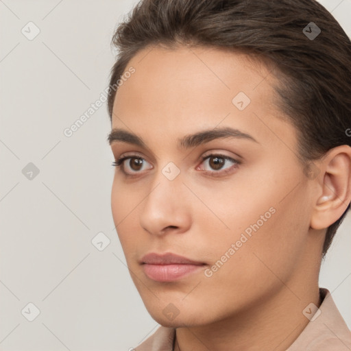 Neutral white young-adult female with short  brown hair and brown eyes