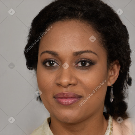 Joyful latino adult female with medium  brown hair and brown eyes