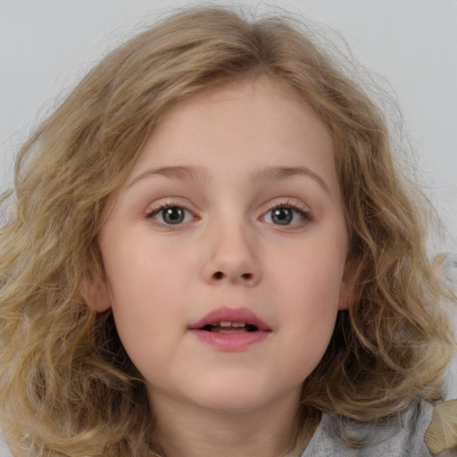 Neutral white child female with medium  brown hair and blue eyes