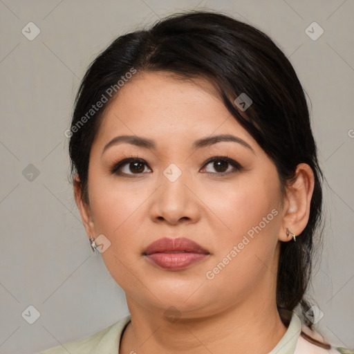 Joyful white young-adult female with medium  brown hair and brown eyes