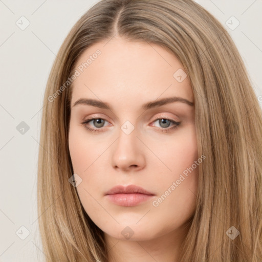 Neutral white young-adult female with long  brown hair and brown eyes