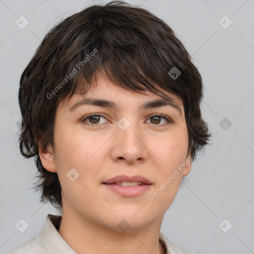 Joyful white young-adult female with medium  brown hair and brown eyes