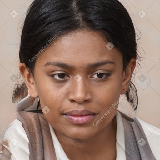 Joyful black young-adult female with medium  brown hair and brown eyes