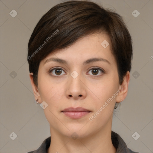 Neutral white young-adult female with short  brown hair and brown eyes