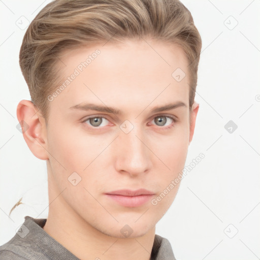 Neutral white young-adult male with short  brown hair and grey eyes