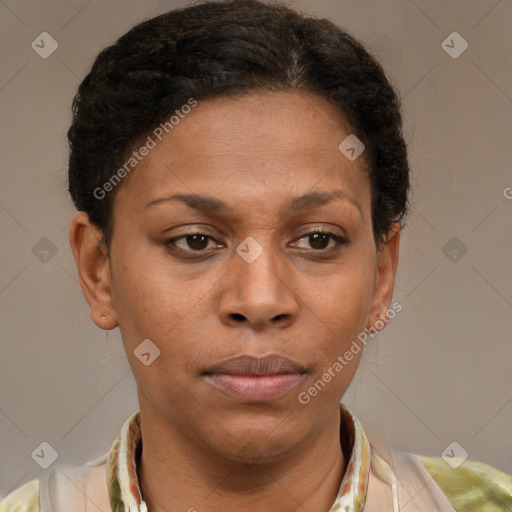 Neutral latino young-adult female with short  brown hair and brown eyes