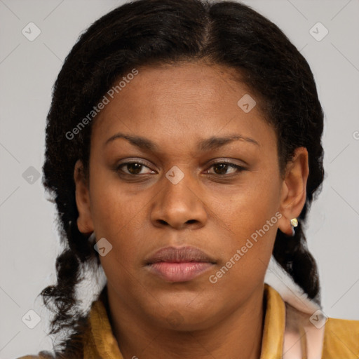 Neutral black young-adult female with medium  brown hair and brown eyes