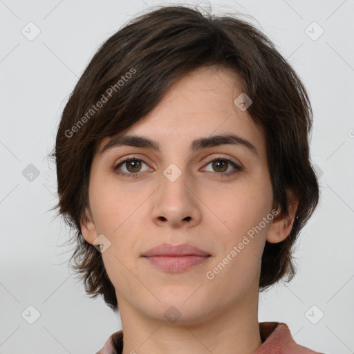 Neutral white young-adult female with medium  brown hair and brown eyes