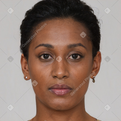 Neutral black young-adult female with short  brown hair and brown eyes