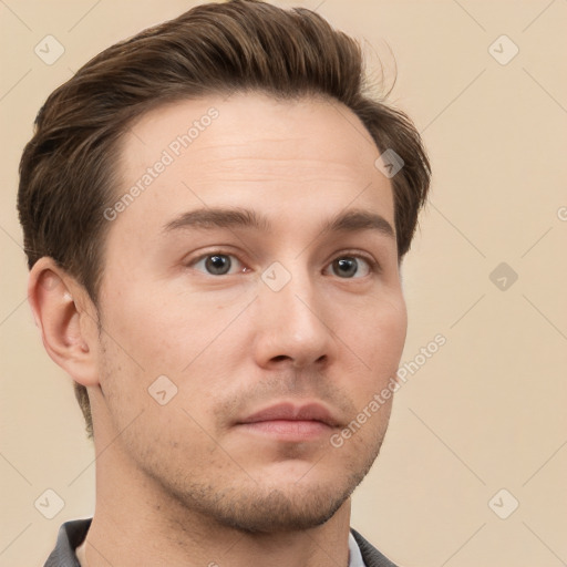 Neutral white young-adult male with short  brown hair and grey eyes