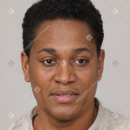 Joyful black adult female with short  black hair and brown eyes