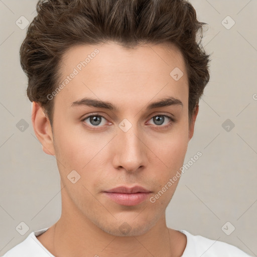 Neutral white young-adult male with short  brown hair and grey eyes