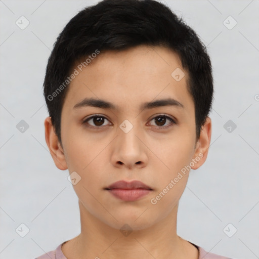 Neutral asian young-adult female with short  black hair and brown eyes