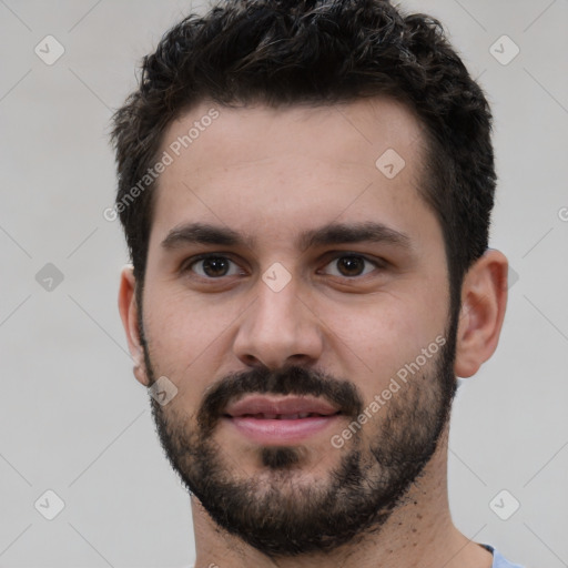 Neutral white young-adult male with short  black hair and brown eyes