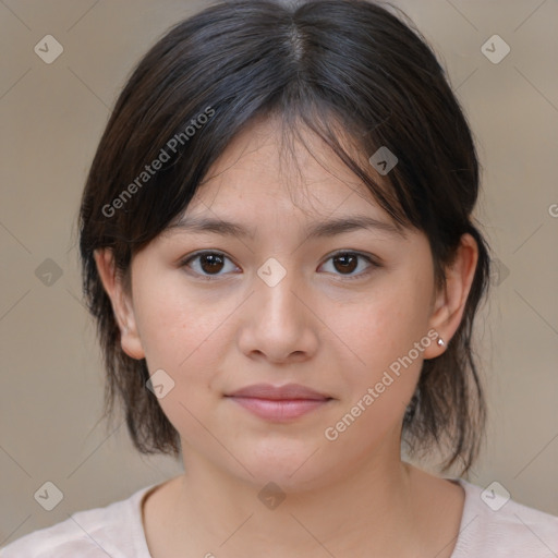 Neutral white young-adult female with medium  brown hair and brown eyes