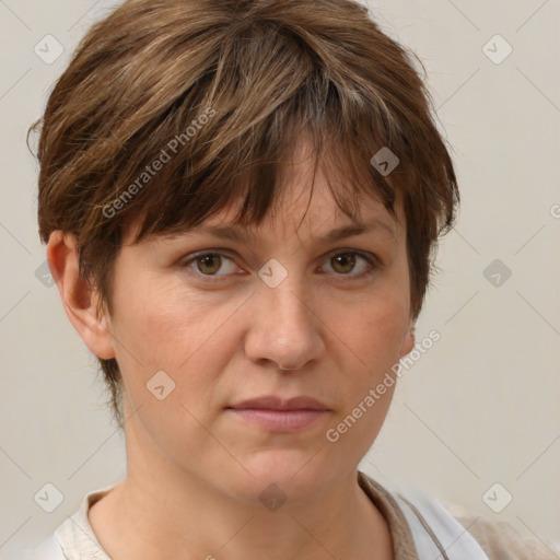 Neutral white adult female with medium  brown hair and brown eyes