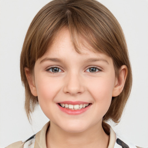 Joyful white child female with medium  brown hair and grey eyes