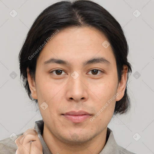 Neutral asian young-adult male with short  brown hair and brown eyes