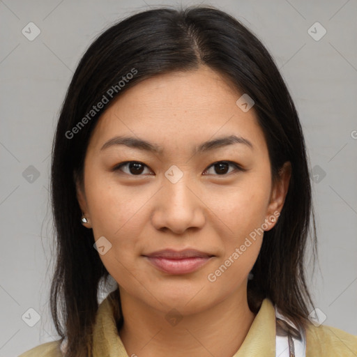 Joyful latino young-adult female with medium  brown hair and brown eyes