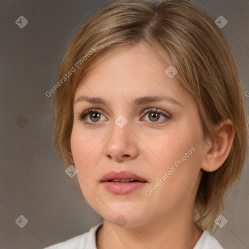 Neutral white young-adult female with medium  brown hair and brown eyes