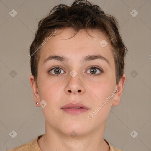 Neutral white young-adult female with short  brown hair and brown eyes