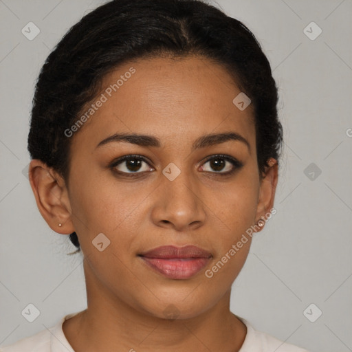 Joyful latino young-adult female with short  brown hair and brown eyes