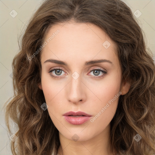 Neutral white young-adult female with long  brown hair and green eyes