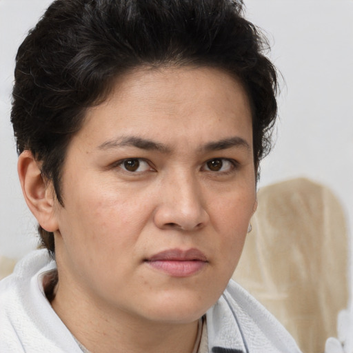 Neutral white young-adult female with short  brown hair and brown eyes