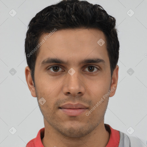 Neutral latino young-adult male with short  brown hair and brown eyes