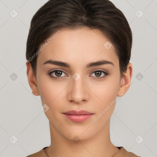 Neutral white young-adult female with short  brown hair and brown eyes