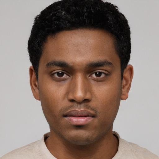 Neutral black young-adult male with short  black hair and brown eyes