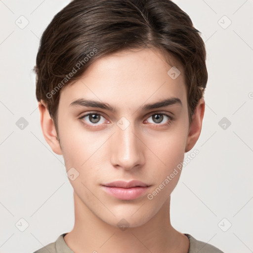 Neutral white young-adult male with short  brown hair and brown eyes