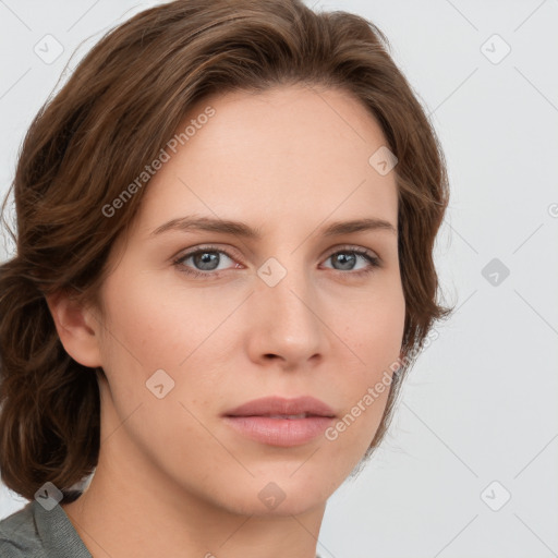 Neutral white young-adult female with medium  brown hair and grey eyes