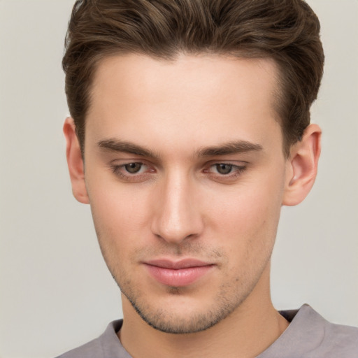 Neutral white young-adult male with short  brown hair and brown eyes