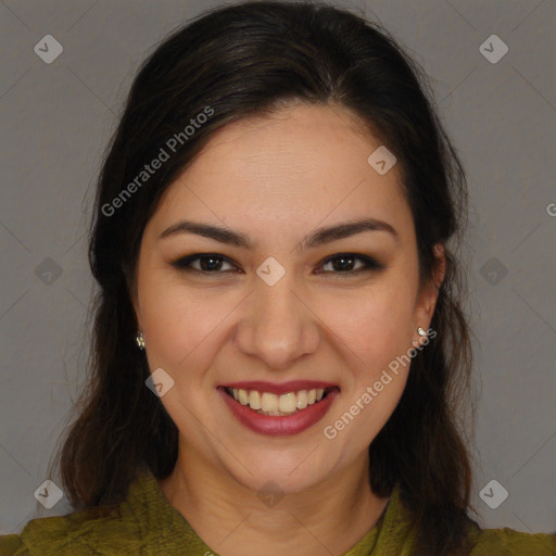 Joyful white young-adult female with long  brown hair and brown eyes
