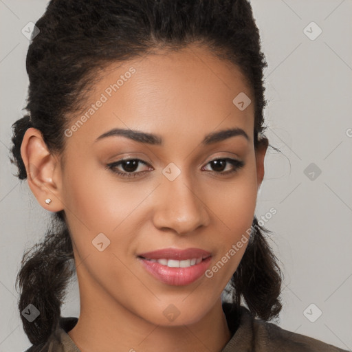 Joyful latino young-adult female with long  brown hair and brown eyes