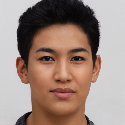 Neutral asian young-adult male with short  black hair and brown eyes