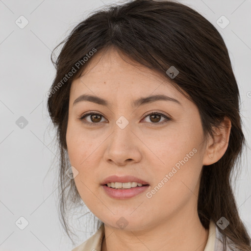 Joyful white young-adult female with medium  brown hair and brown eyes