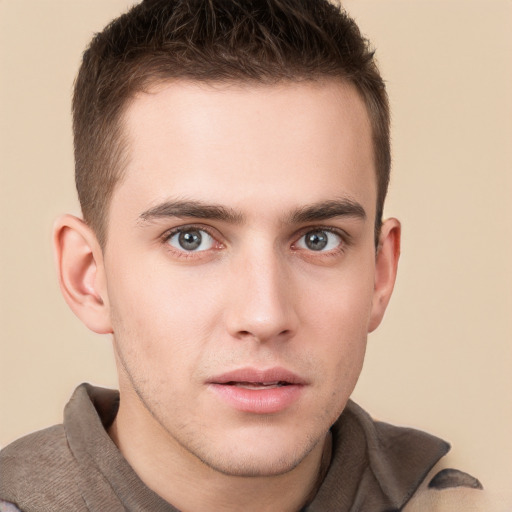 Neutral white young-adult male with short  brown hair and brown eyes