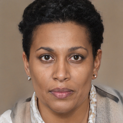 Neutral black adult female with short  brown hair and brown eyes