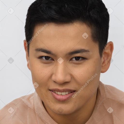 Joyful latino young-adult male with short  brown hair and brown eyes