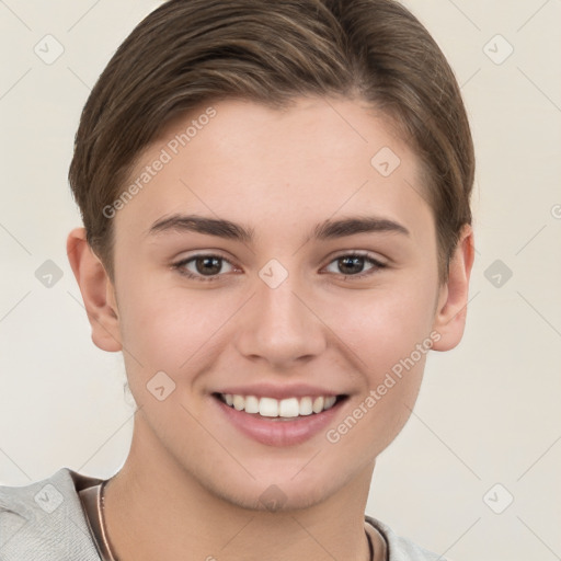 Joyful white young-adult female with short  brown hair and brown eyes