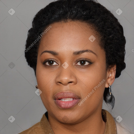 Joyful black young-adult female with medium  black hair and brown eyes